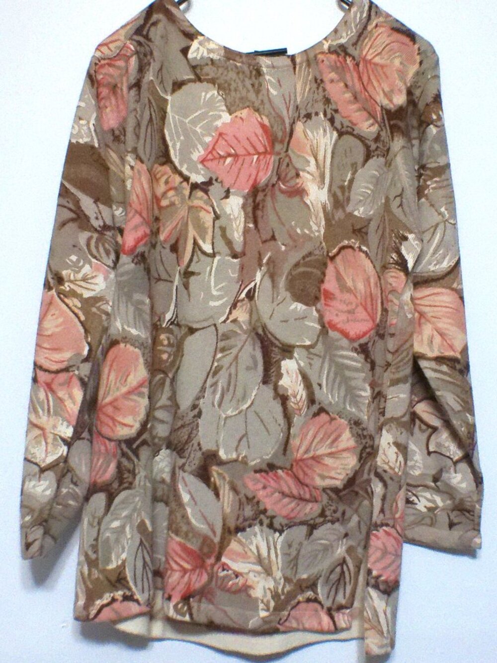 In-Knit Floral Leaf Print Top Women's Medium Taupe Peach Beige Long Sleeve